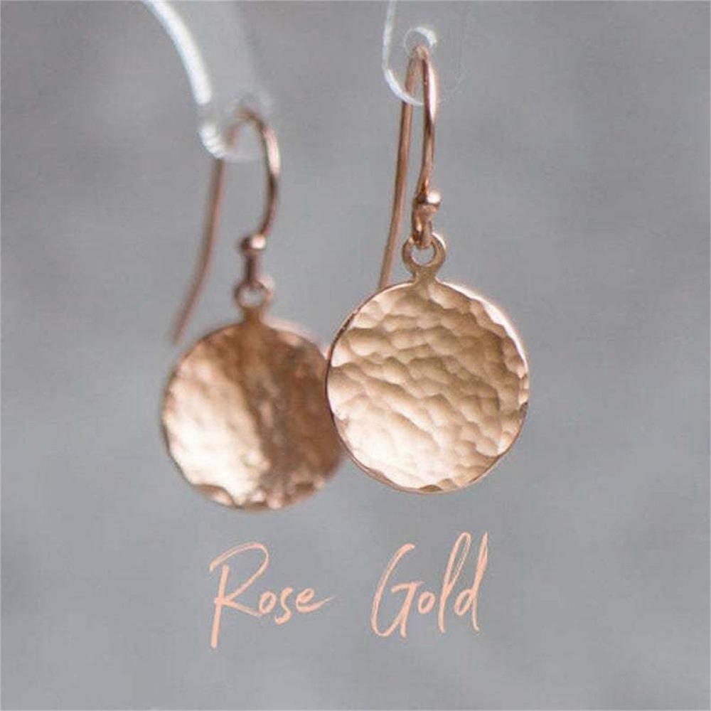 Textured Flat Round Alloy Dangle Earrings Rose Gold 35mm