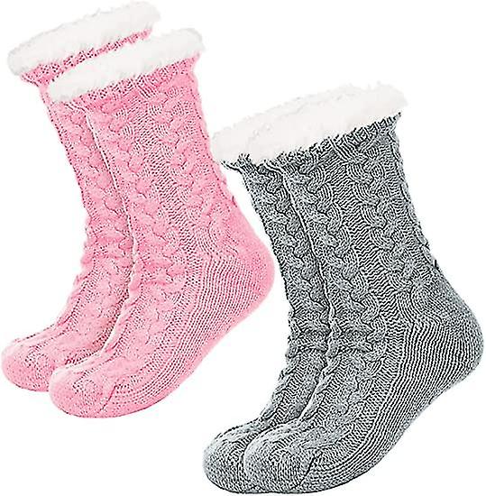 2 Pairs Women's Warm Slipper Socks Fuzzy Socks Fleece-lined Non Slip Slipper Socks