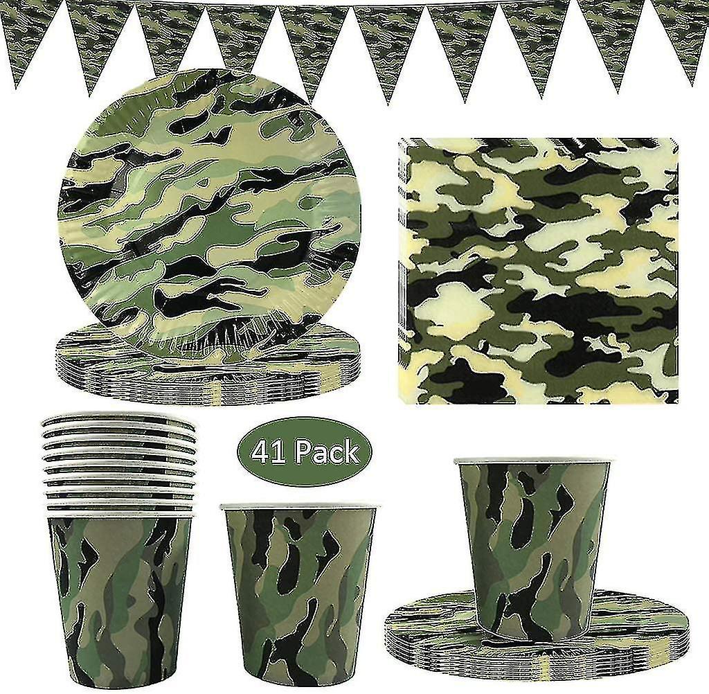 41 Pack Tableware, With Camo Plates Cups Napkins And Triangle For Army Themed
