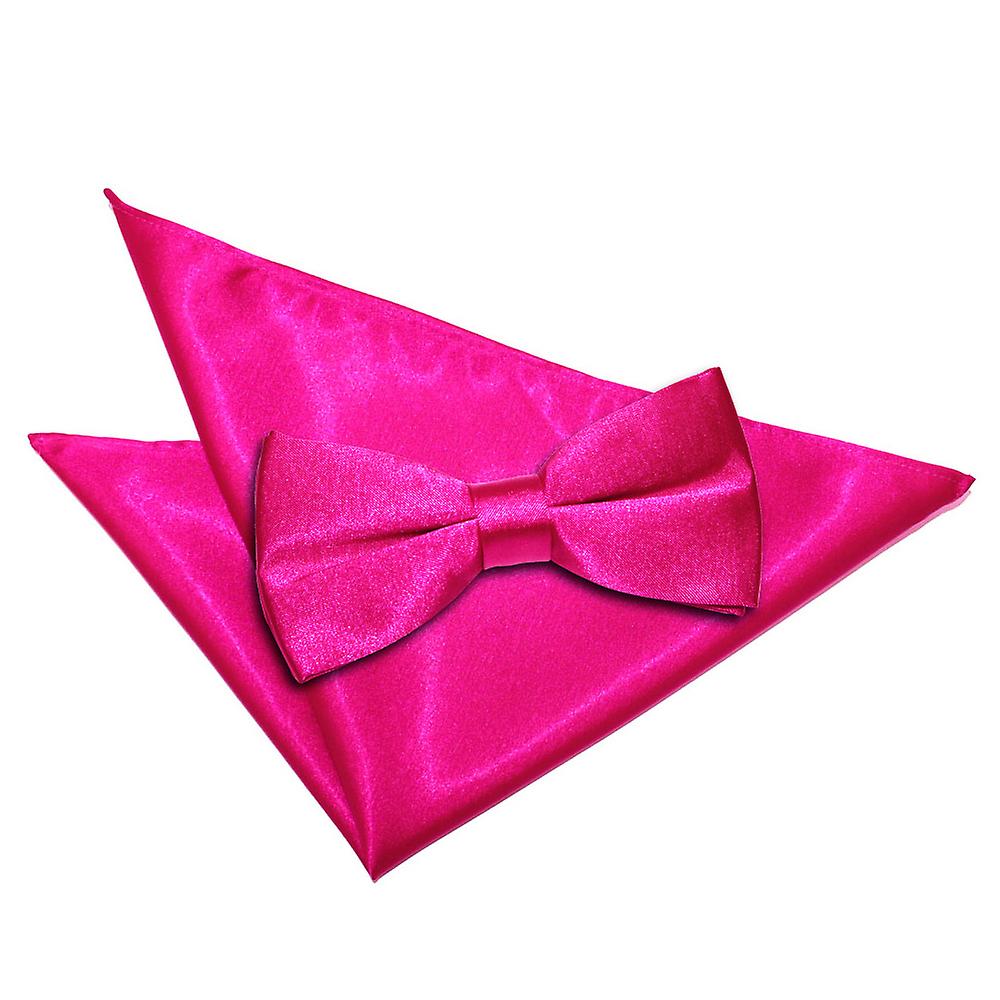 Hot Pink Plain Satin Bow Tie and Pocket Square Set