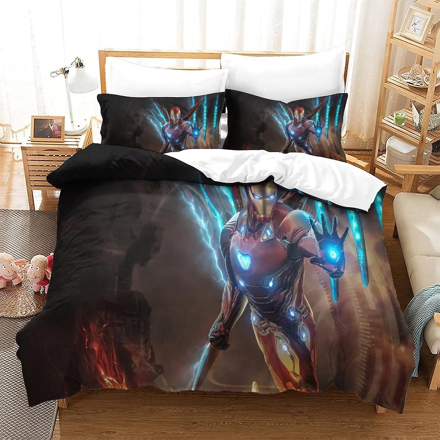 HOUKIG Iron Man Superheroes Dimensional Printed Microfibre Duvet Cover And Sheet Set, Soft And Beautiful Microfibre Pillowcases, with Invisible Zip,