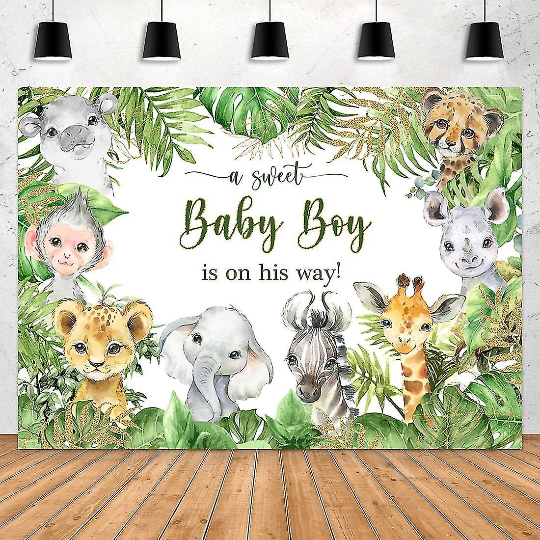 Heytea 7x5ft Jungle Safari Animals Baby Shower Backdrop Baby Boy Is On His Way It's A Boy Photography Background Green Leaves Photo Booth Studio Cake