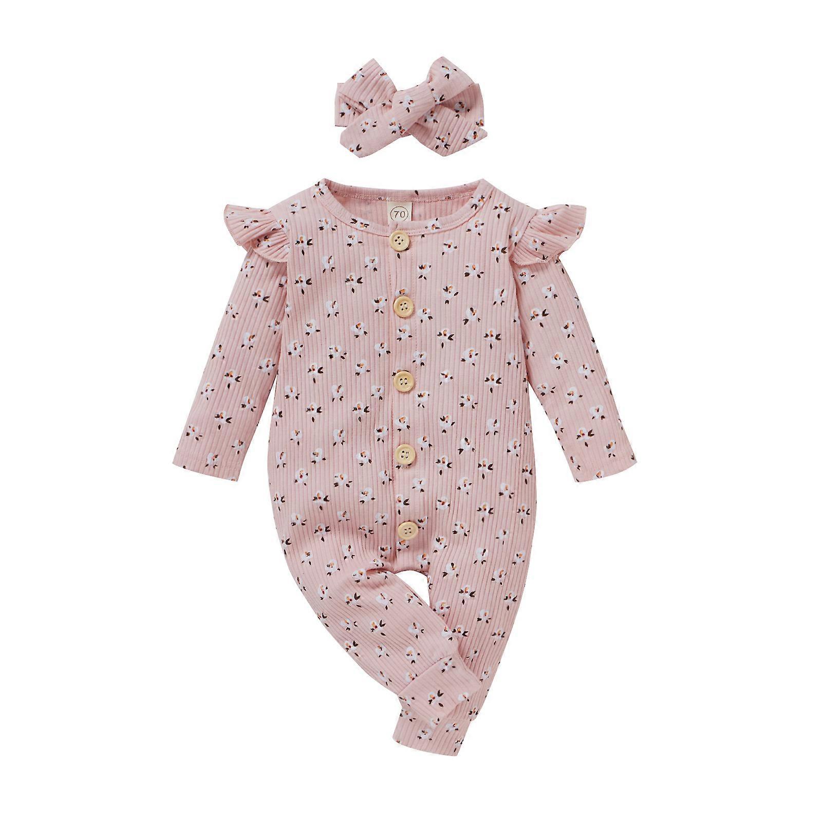 Infant Baby Girl Ruffle Jumpsuit Floral Long Sleeve Button Knitted Romper with Headband 1PC Clothespink