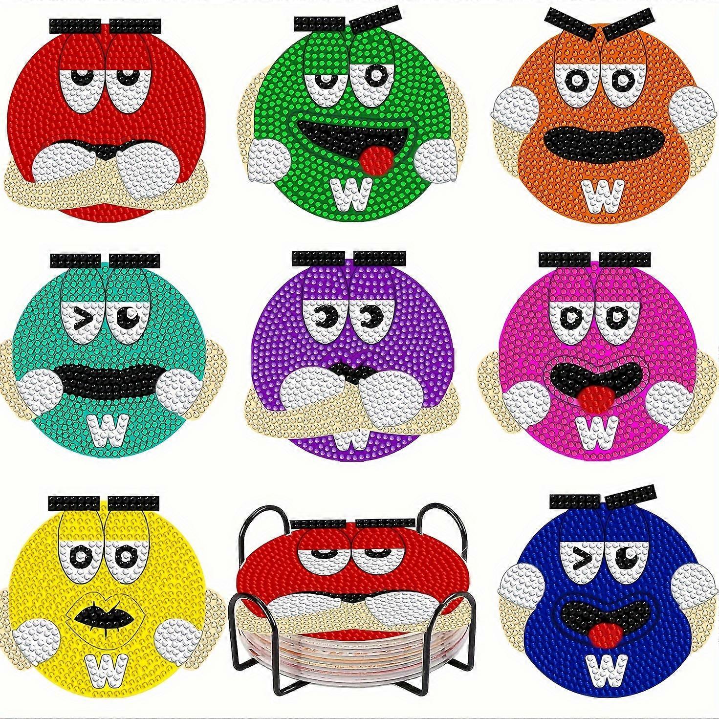 ブラケット付き8pcsラウンドダイヤモンドシェイプ木製コースター - 大人と初心者のためのDIYダイヤモンドアートコースターセット - 家の装飾やクリエイティブなExに最適