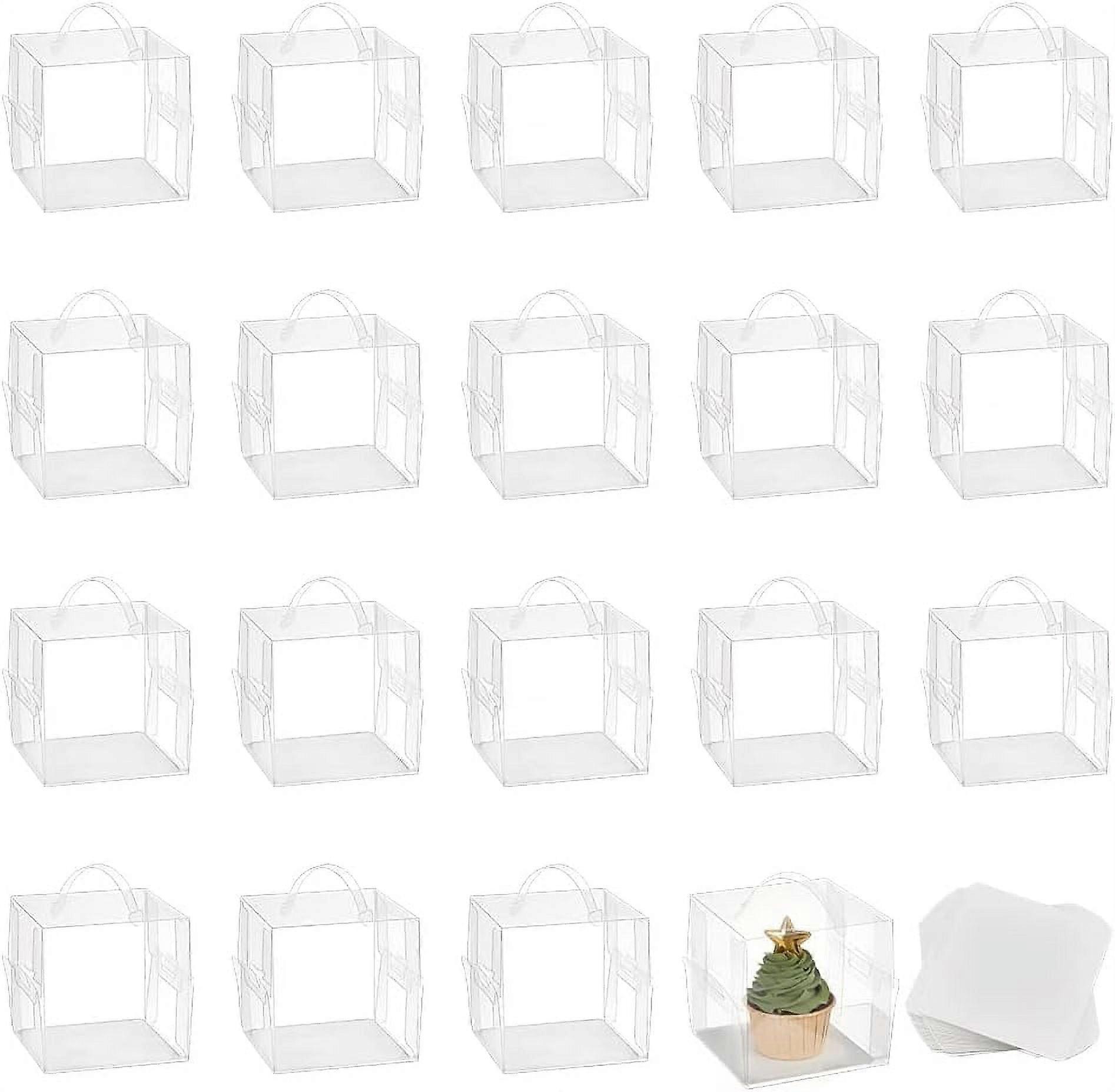 20 Sets Hanging Transparent Gift Boxes Candy Box Cube PVC Favour Boxes with Paper Mat and Handle