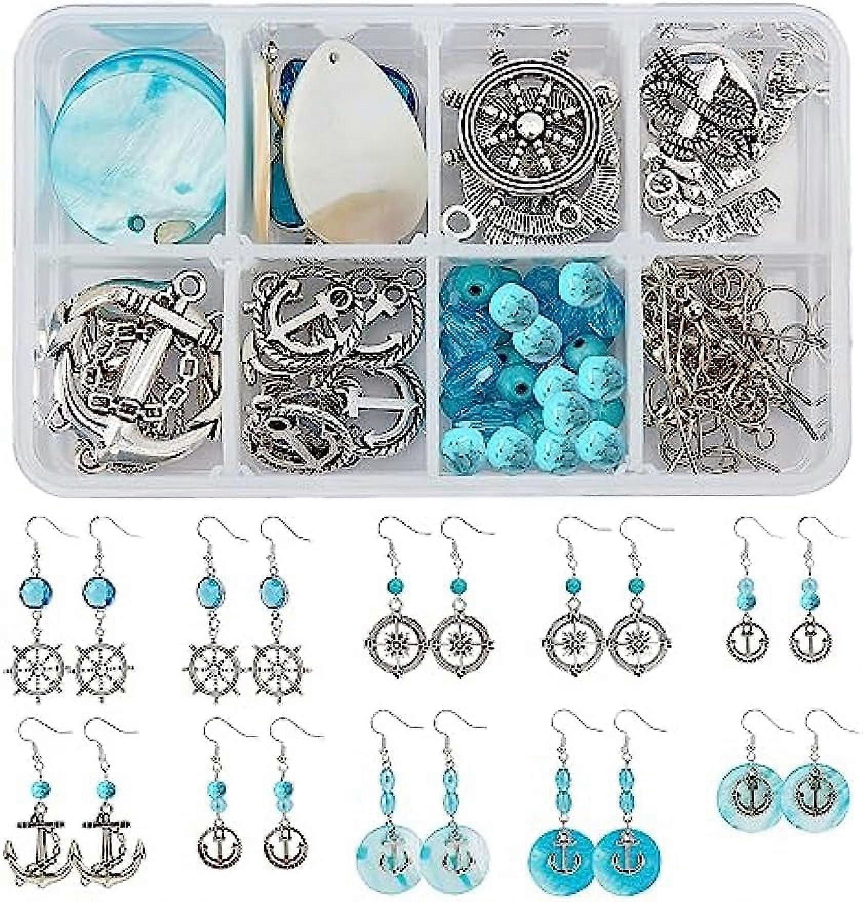 DIY 10 Pairs Navigation Themed Earring Making Kit Anchor Charms Sailing Boat Pendants Freshwater Shell Charms