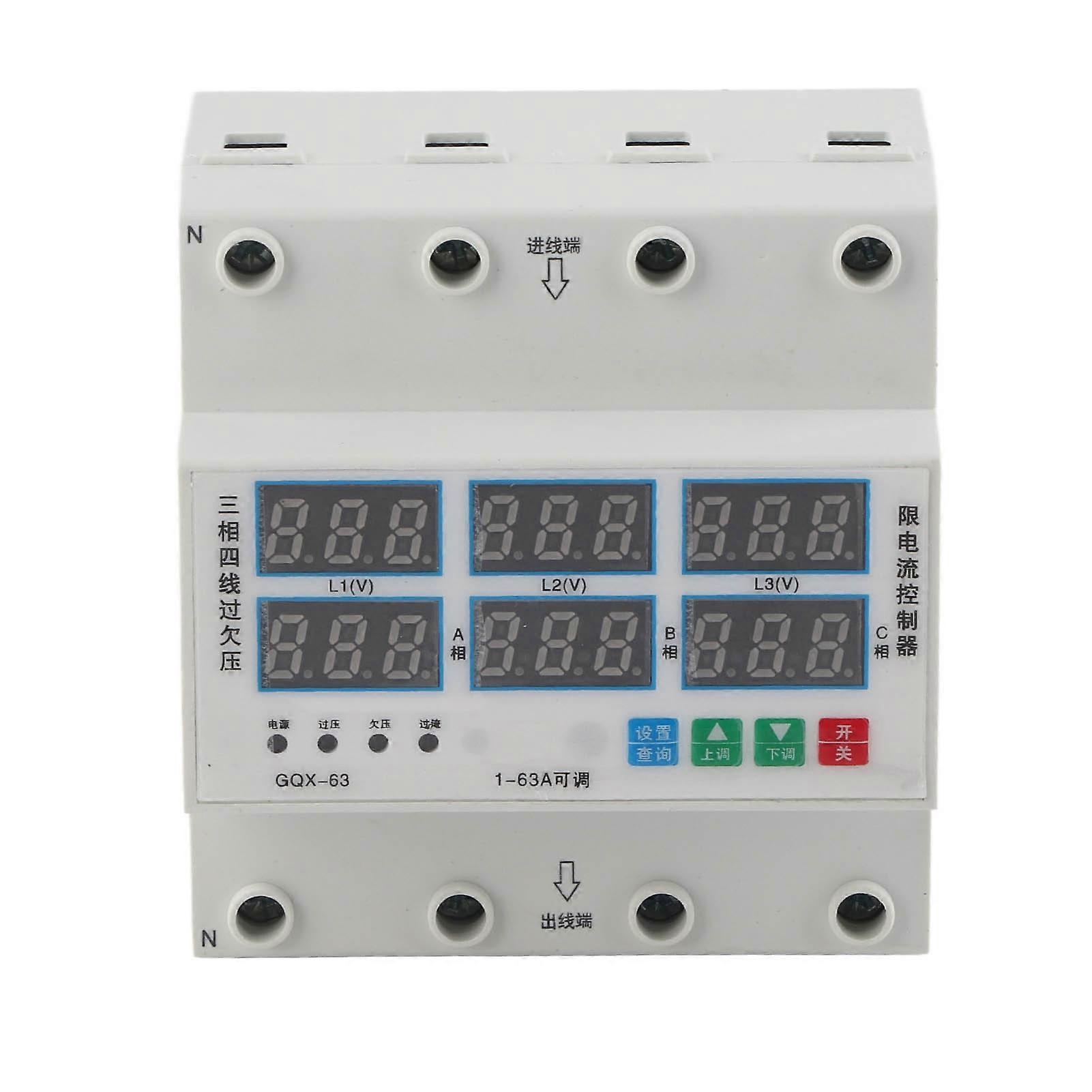 3 Phase DIN Rail Voltmeter Ammeter Adjustable Overvoltage Undervoltage Overcurrent Protector 63A AC390?500V
