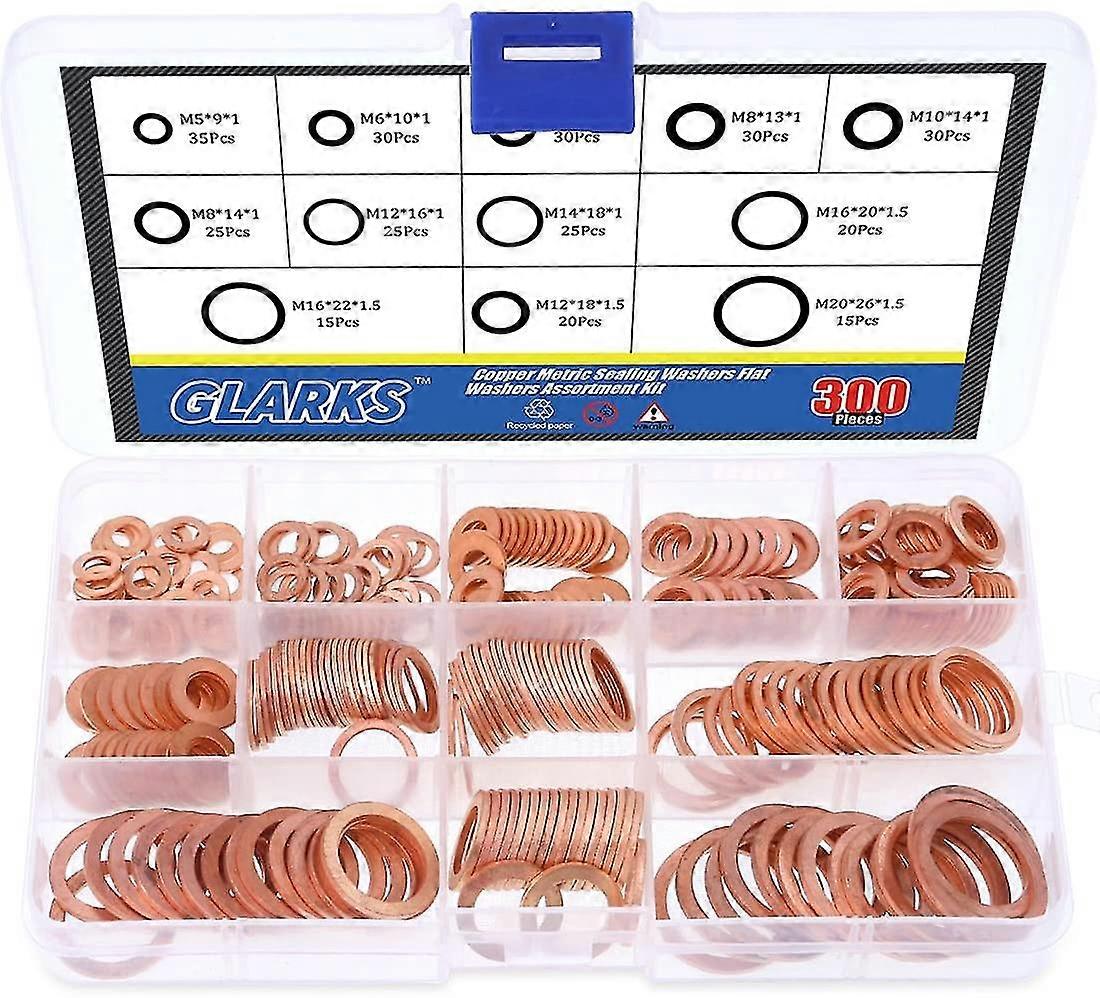 300pcs metric flat copper seal ring assortment pack - 8 sizes m5 m6 m8 m10 m12 m14 m16 m20 betterlifefg