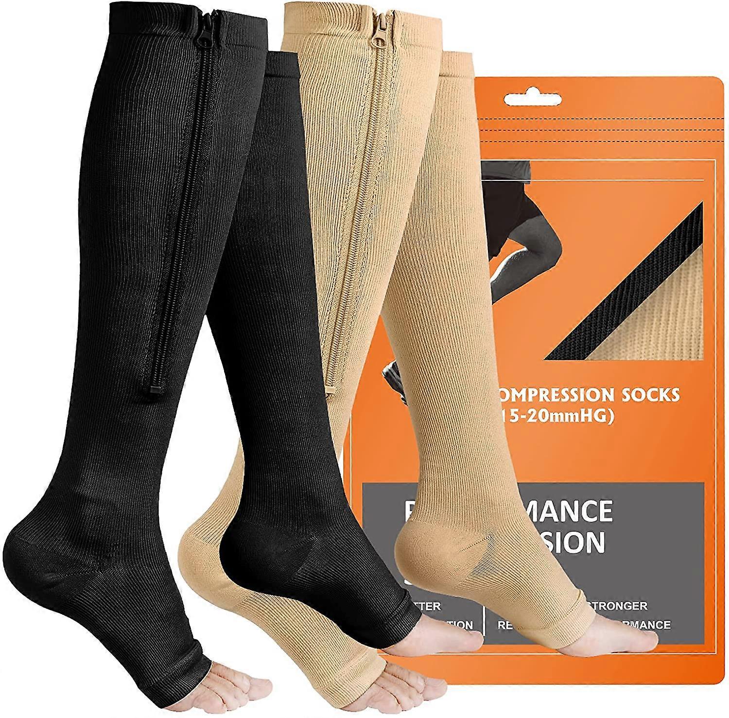 Zipper Compression Socks, 2 Pairs Open Toe Compression Stockings for Men WomenXX-Large