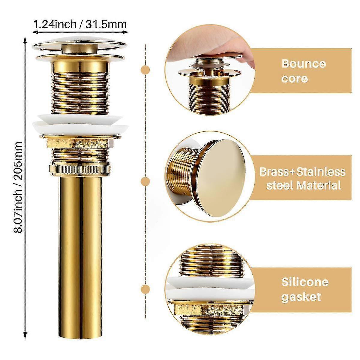 Sink Drain Without Overflow Bathroom Popup Drain Assembly Stopper Sink Brushed Brass, Gold