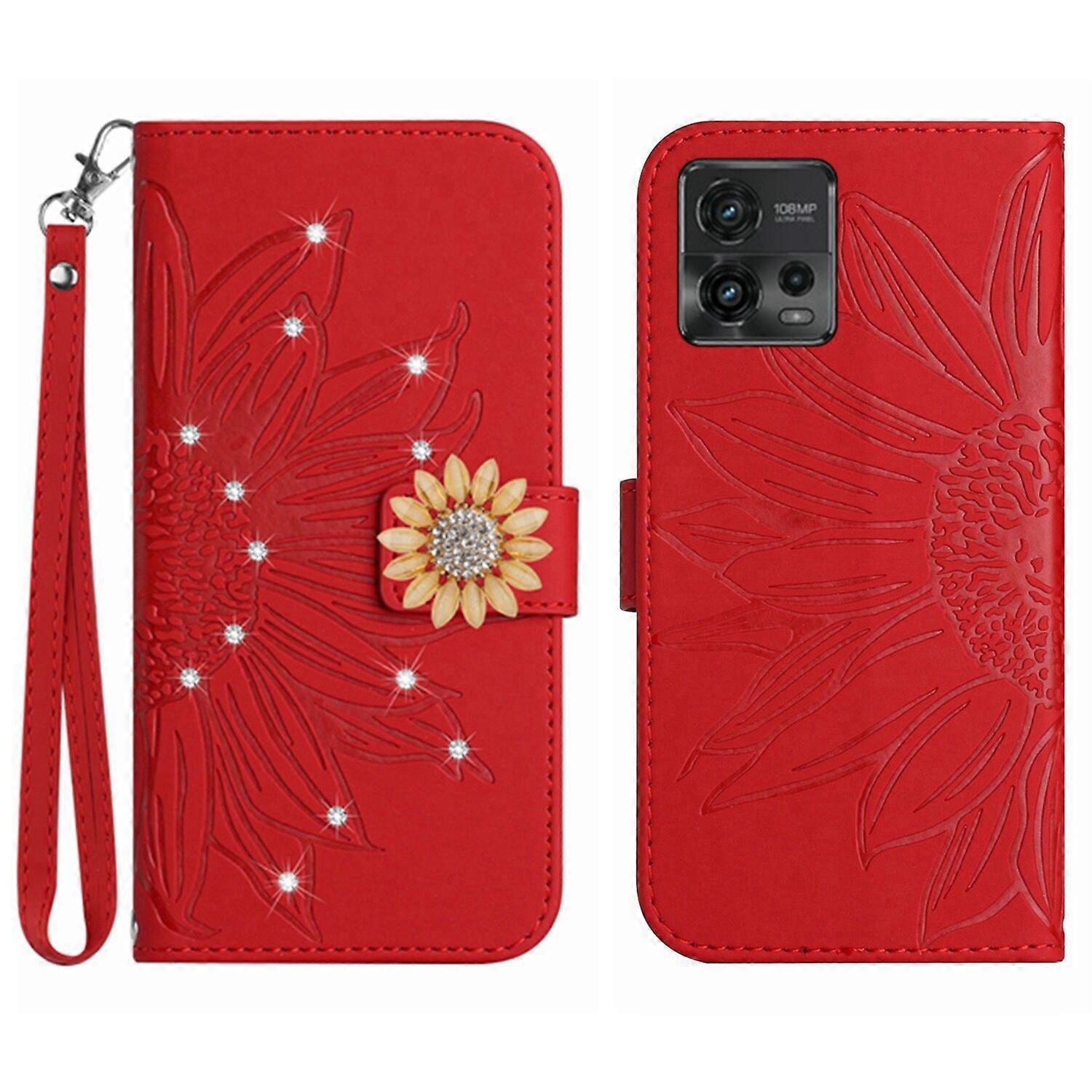 Compatível com Motorola Moto G72 5G Girassol em relevo com diamantes Porta Cartão Magnético Carteira Phone Case com Alça Curta