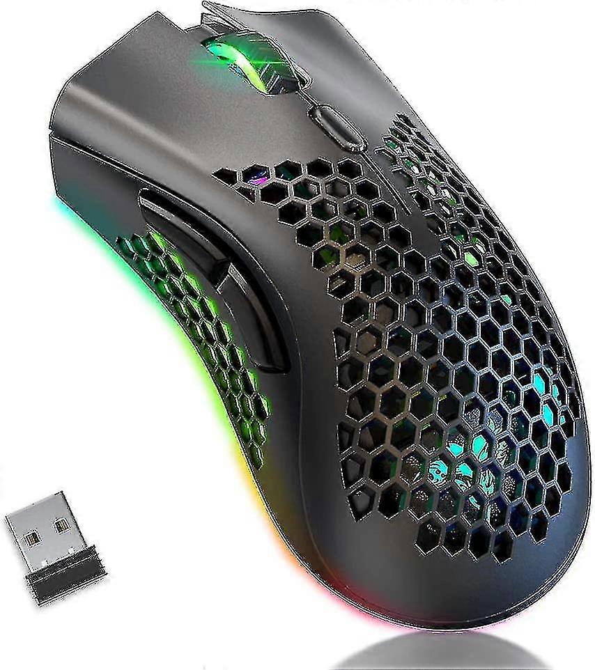Km-1 Wireless Gaming Maus, Computermaus mit Wabenschale, 6 programmierte Tasten, 3 einstellbare DPI, USB-Empfänger, ergonomisches RGB optisches Gamer-Mikrofon