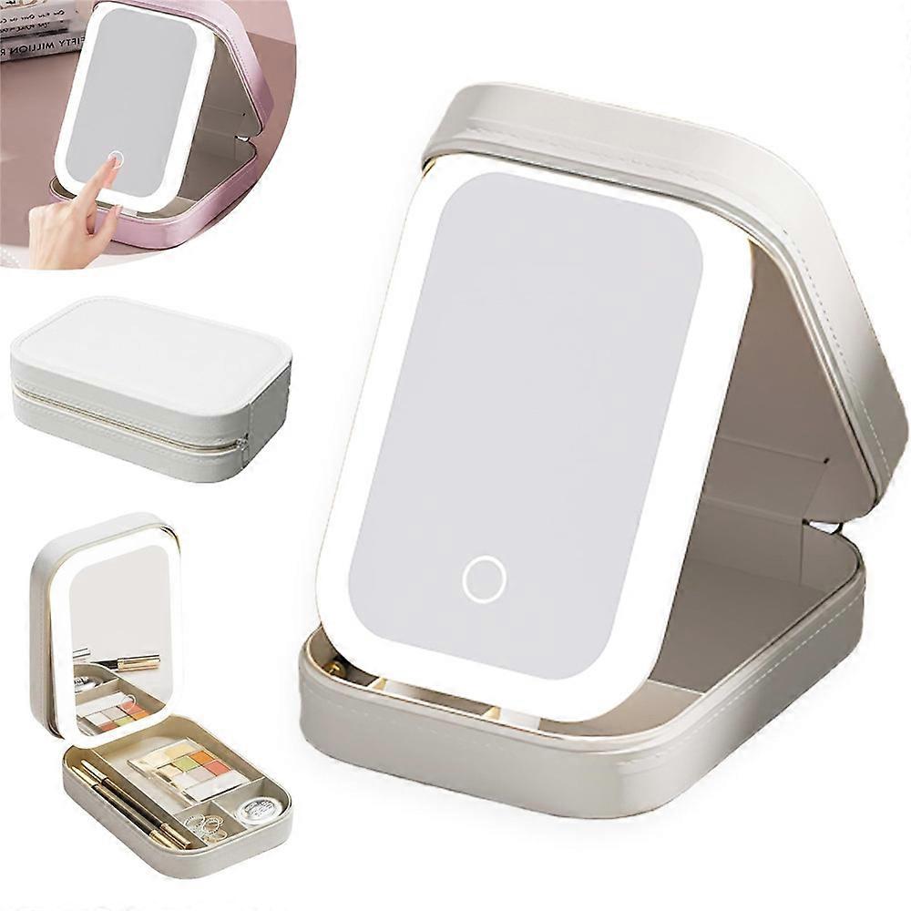 Mini Travel Makeup Bag with LED Adjustable Makeup Mirror, Three Colors Brightness Adjustable Rechargeable Makeup Mirror with Led Lights Portable