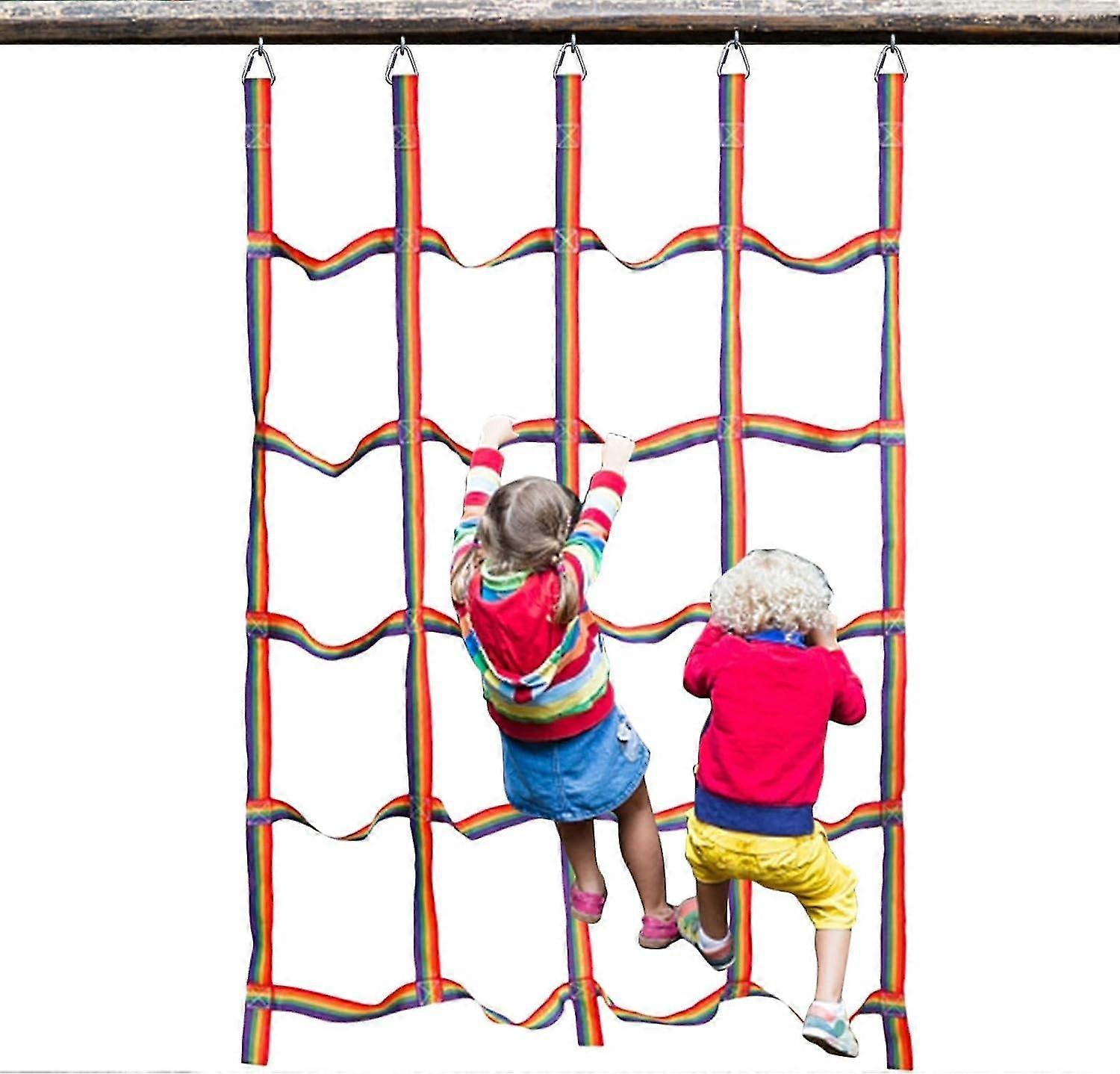 Portable Rainbow Webbing Cargo Climbing Net | 57X72.8Inch | Rope Ladder Obstacle for Recreation & Fitness | Playground Tree House Accessories, Kids