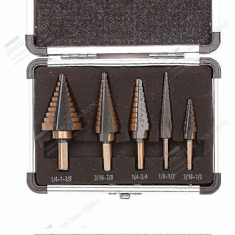 5pcs Step Drill Bit Set & Automatic Center Punch- Unibit, Titanium Coated High Speed Steel, Short Length Drill Bits With Aluminum Case