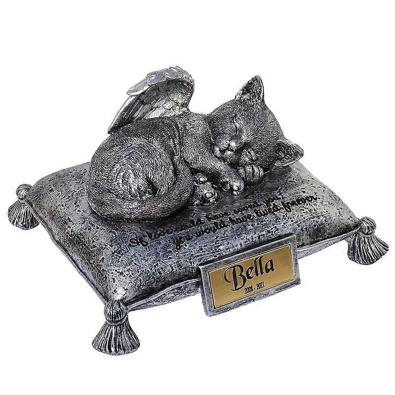 Personalized Cat Urn, Heavenly Angel Cat Sleeping On Pillow Cremation Urn Small Pet Memorial Statue