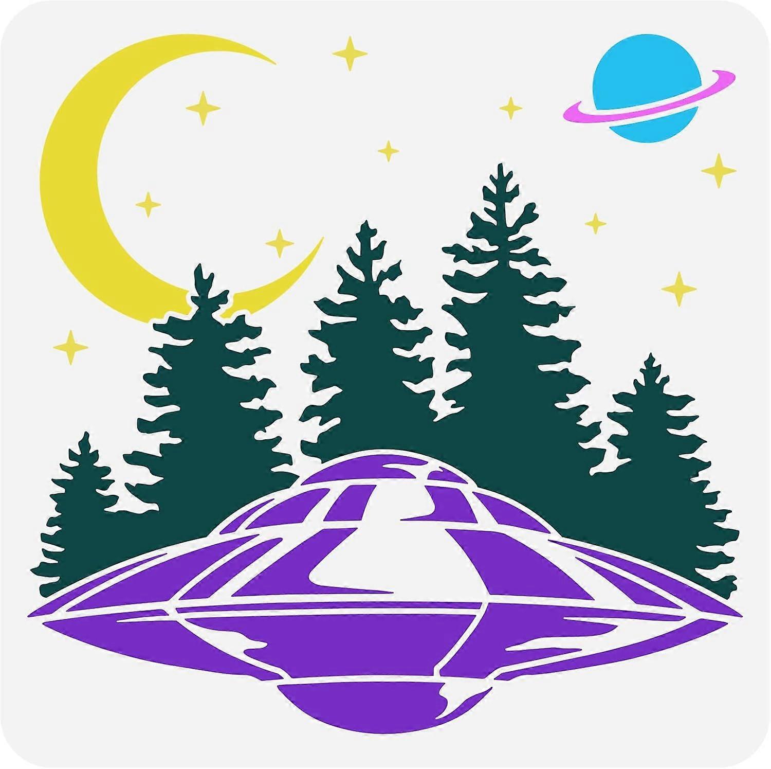 UFO Flies to The Moon Painting Stencil 11.8x11.8inch Spacecraft in The Forest Painting Stencil Reusable Plastic Hollow Out Stencil DIY Craft for Paint