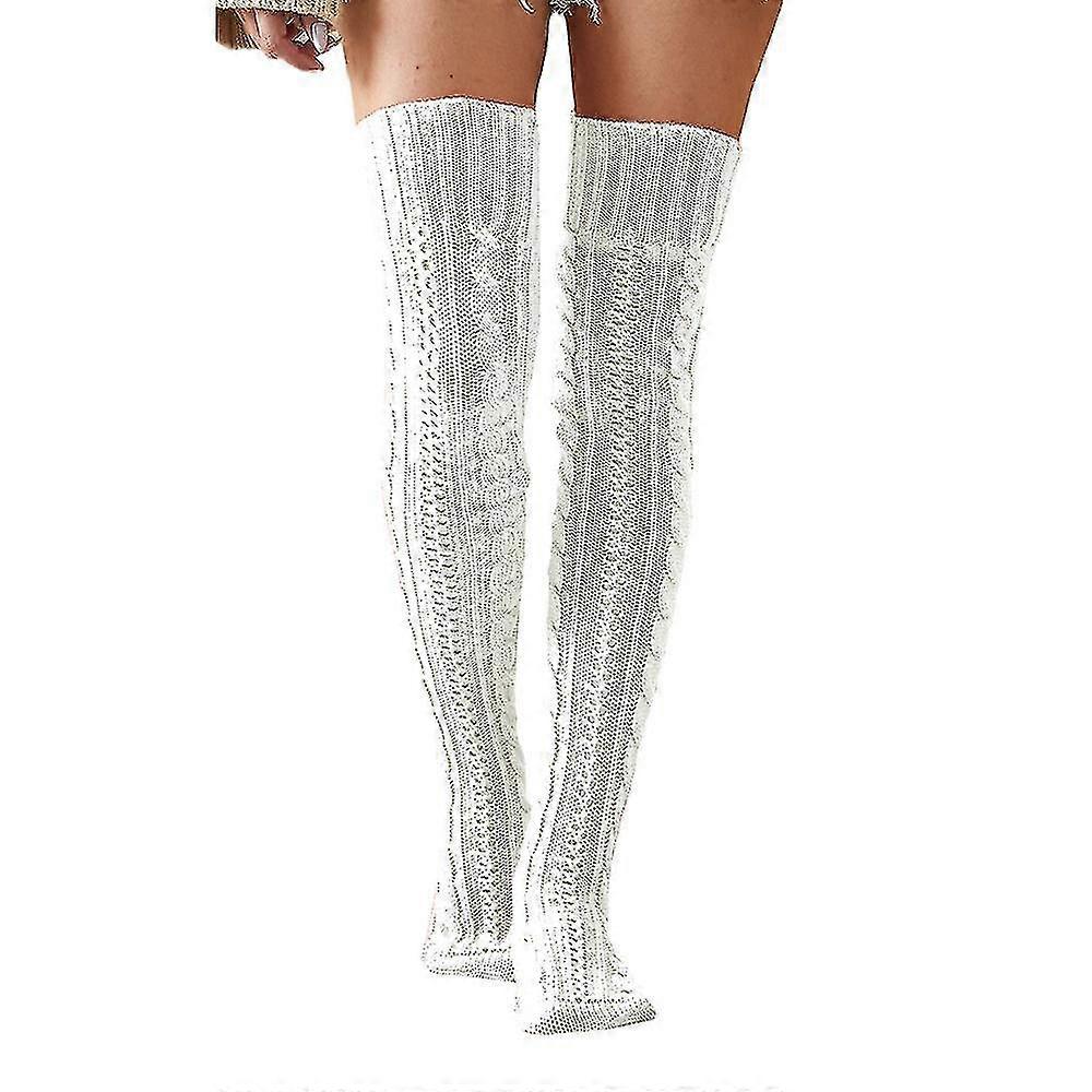 Winter Women's Solid Color Over-the-knee Puffy Warm Tall Socks (white)