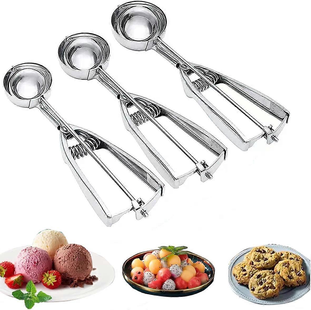 3PCS stainless steel ice cream scoop with trigger release, large/medium/small scoop for baking, cookies, fruit and ice cream, silver