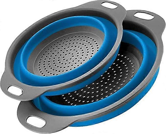 Collapsible Strainer Set, 2-Piece Food Grade Silicone Kitchen Strainer, 1 Large and 1 Small (Blue)
