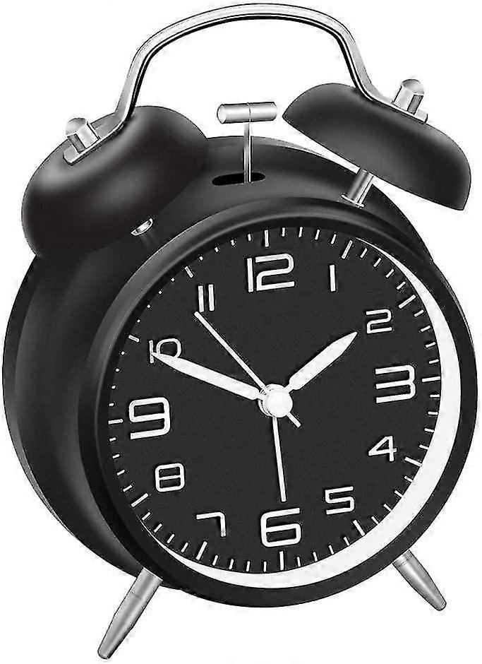 Black Double Bell Silent Alarm Clock With Night Light