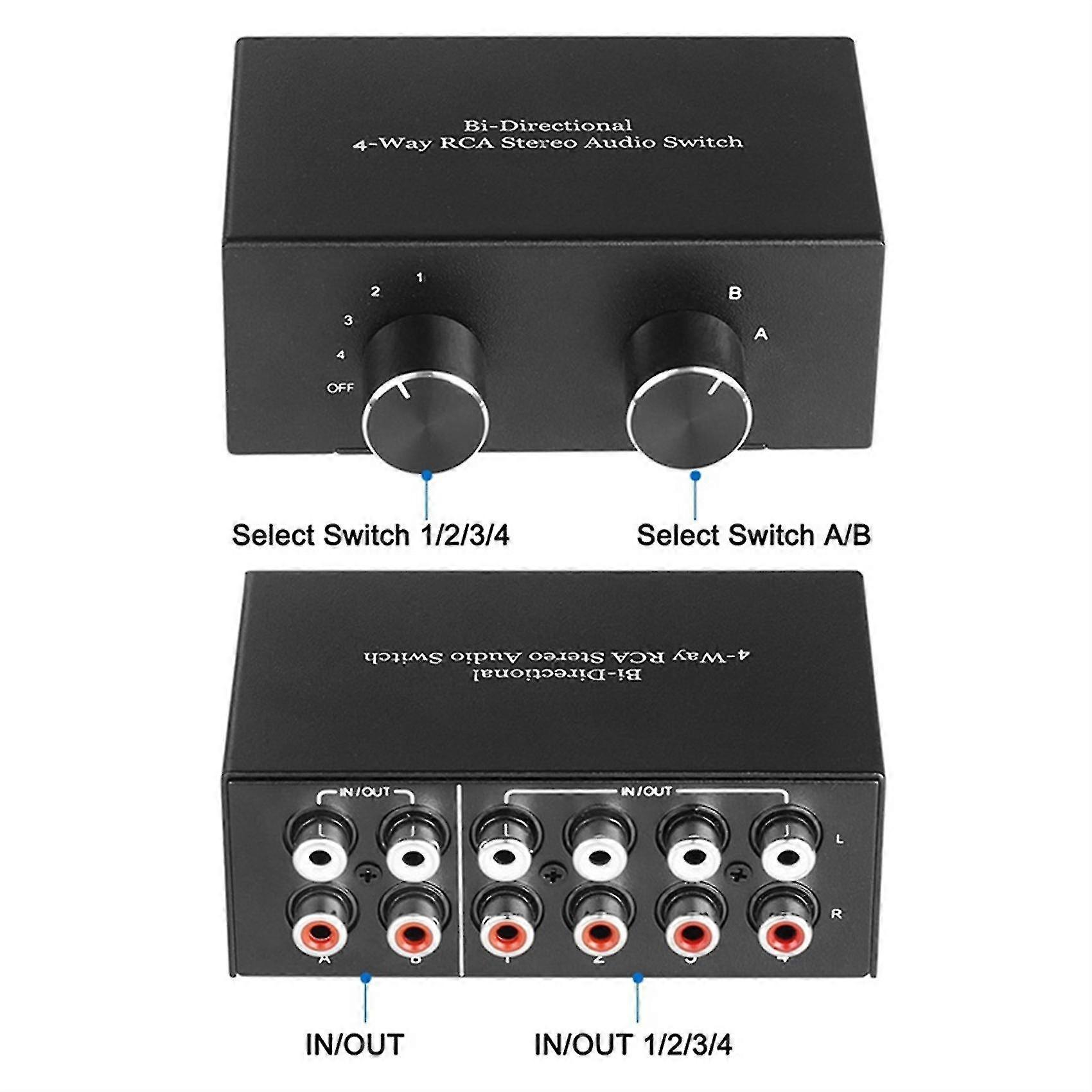 Bi-directional 4-way Rca Stereo Audio Switch - L/r Sound Channel Audio Switcher
