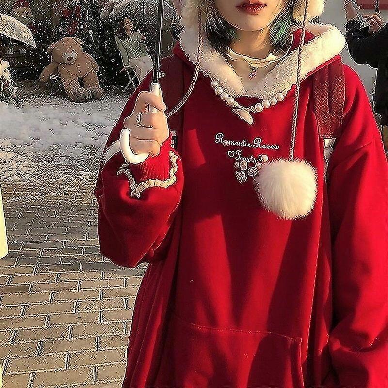 Kawaii Hooded Sweatshirts Harajuku Pullover Christmas Red Hoodie Oversized Sweet Soft Girl Korean Fashion Embroidery Cute