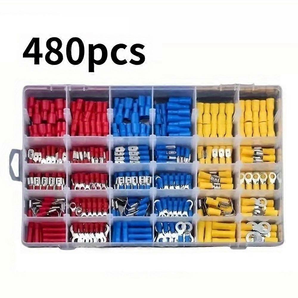480Pcs Insulated Ring Terminals Assorted Kit Cold Press Electrical Wire Crimp Connectors