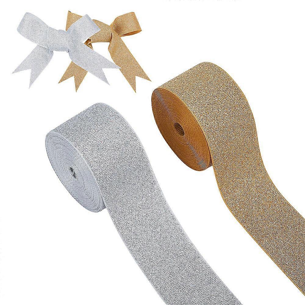 2 Rolls 2 Colors Sparkle Polyester Grosgrain Ribbons with Glitter Powder Flat Mixed Color 1-1/2 inch(38mm) about 6.56 Yards(6m)/roll 1 roll/color