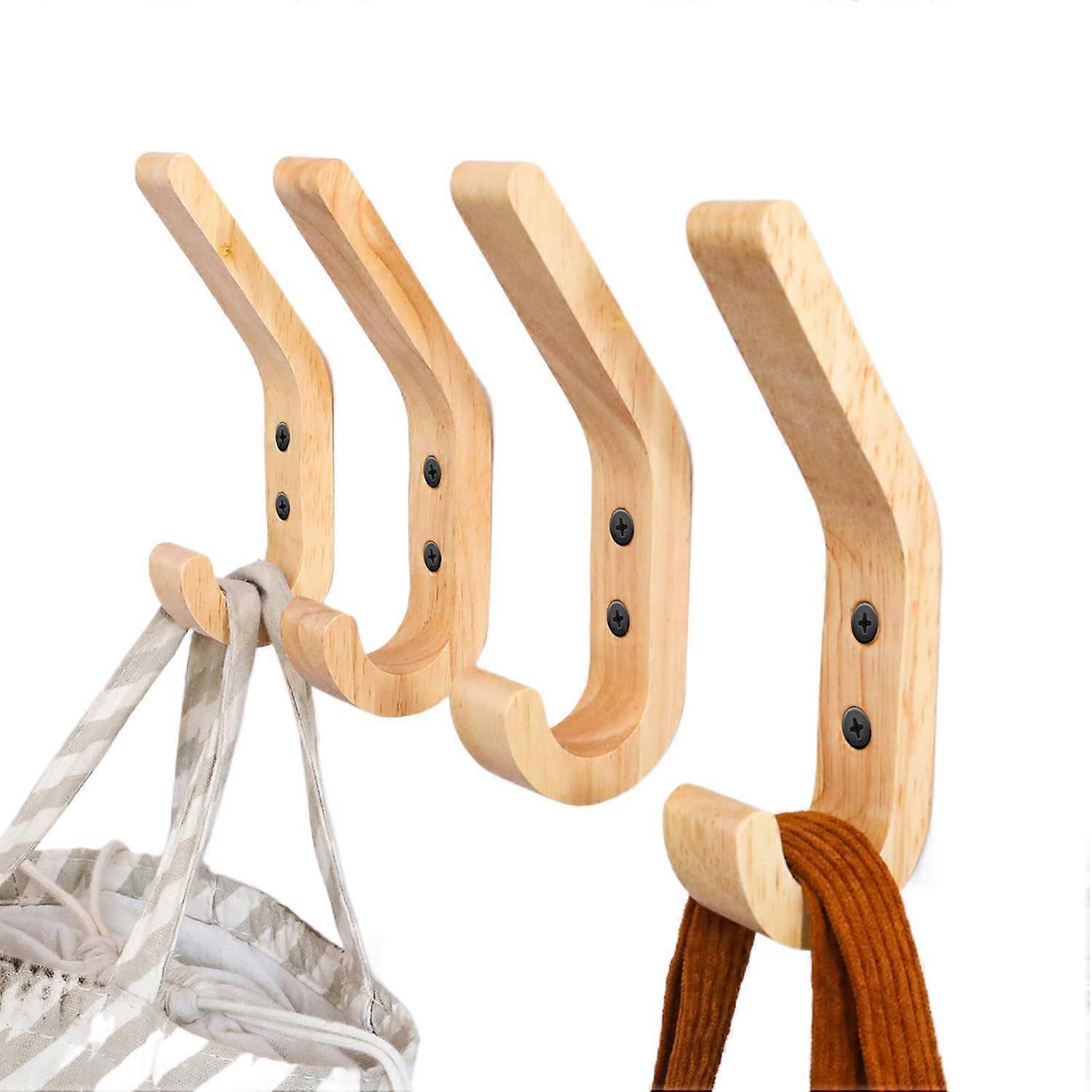 Wooden coat hooks, 4 pieces J type coat hooks, towel wall hooks