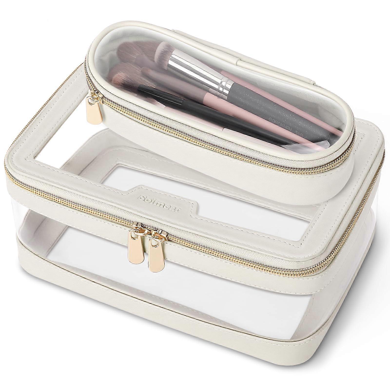 Travel Clear Makeup Bag with Brush Holder, Large Leather Toiletry Case for Cosmetics and Beauty Essentials