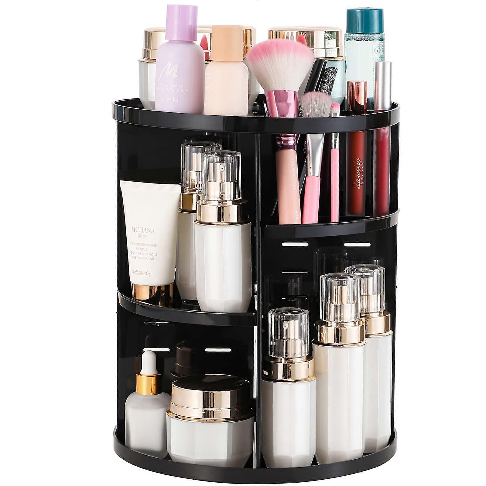 Makeup Organizer Adjustable Height Black Plastic for Bathroom Storage and Beauty Products, Multi-Compartment Design