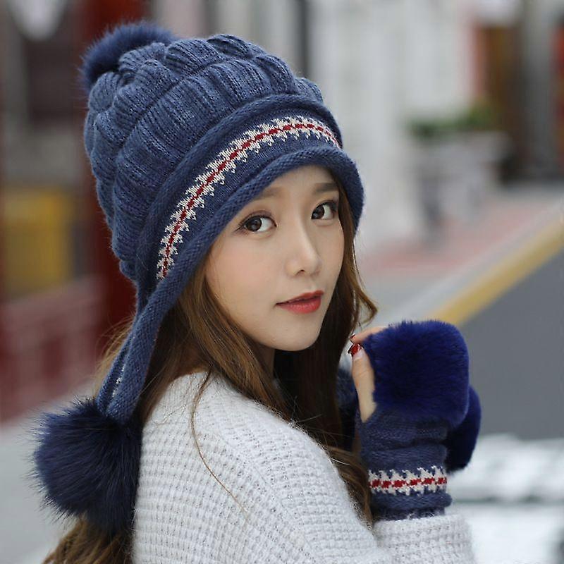 Knitted thermal beanie and gloves  blue