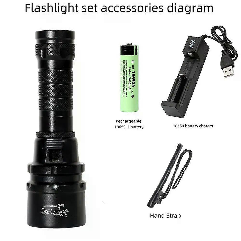 High Power Diving Flashlight IP68 Highest Waterproof Rating Professional Diving Light Powered by 18650 Battery With Hand Rope