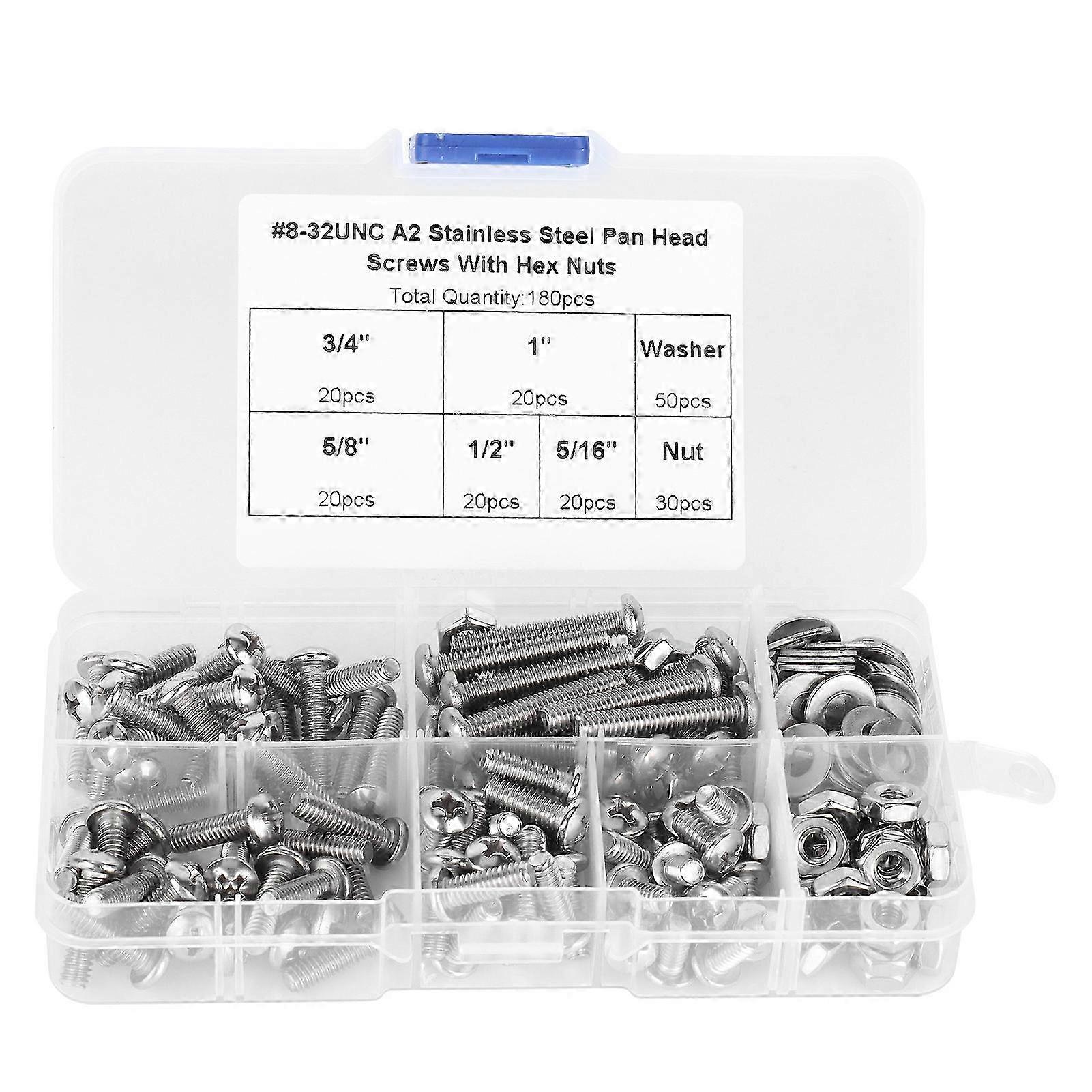 304 مسامير الفولاذ المقاوم للصدأ مسامير رأس الصليب مع مجموعة برغوات غسالات عرافة المكسرات 180 قطعة # 8-32UNC