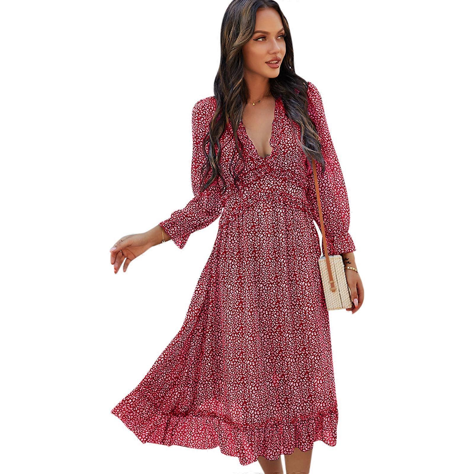 green emerald velvet dress PRETTYGARDEN Women's Fall Boho Maxi Dress Floral Long Sleeve V Neck Fl