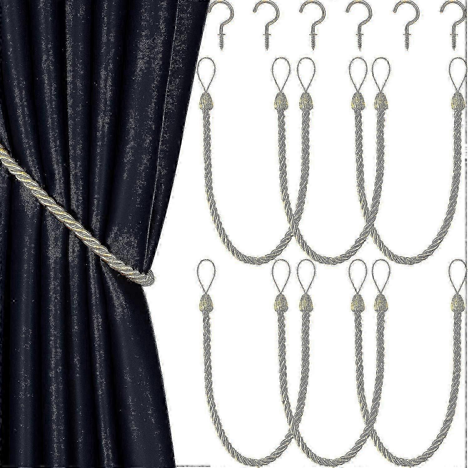 6 Pieces Braided Curtain Tiebacks Rope Curtain Tiebacks Handmade Curtain Holdbacks Drapery Tiebacks with Tie Down Hooks for Metal Curtains, Gold Editi