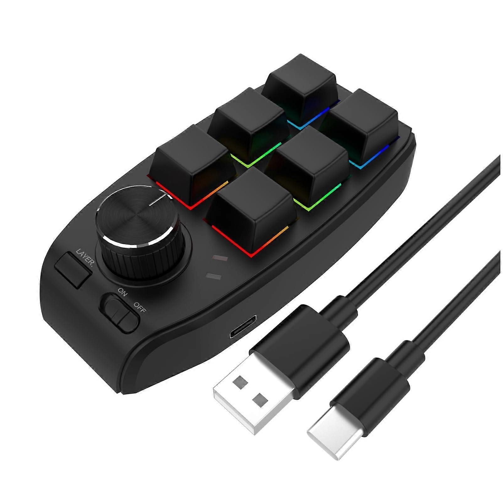 One Handed Macro Mechanical Keyboard, 6 Key Programmable DIY Keypad with Knob, USB Bluetooth (Black)