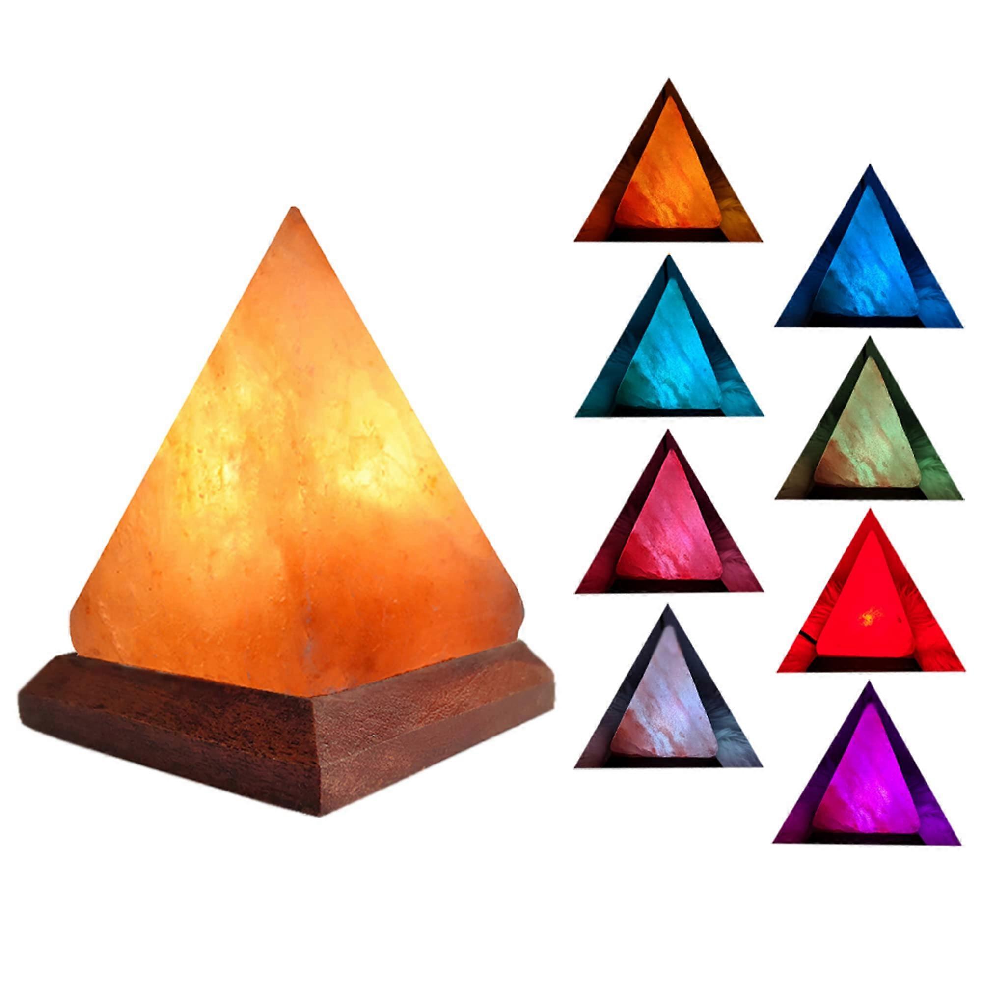 USB Himalayan Salt Lamp Pyramid Design with 8 Color Changing LED Lights, Hand Carved with Wooden Base for Home Office Yoga Decor
