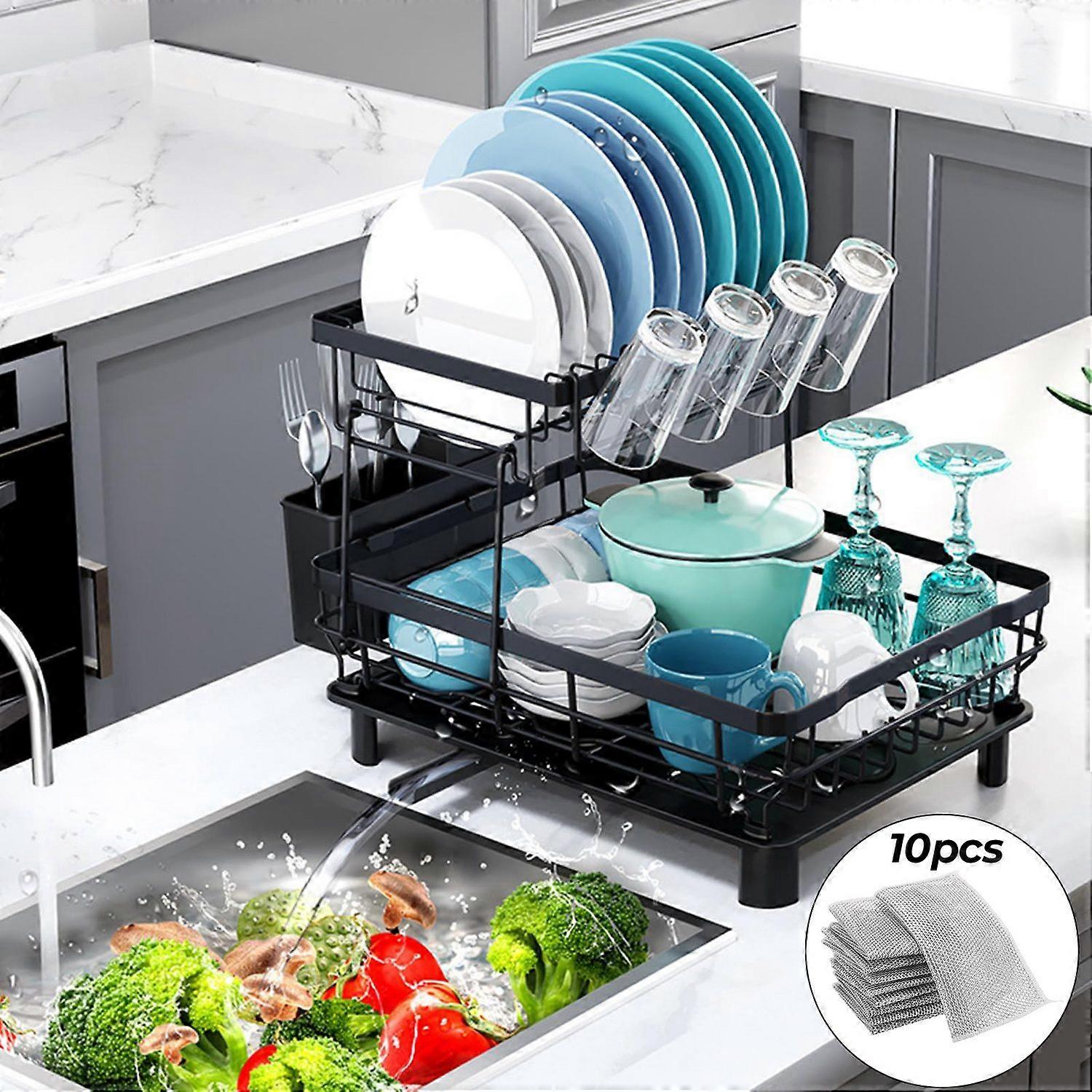 2-tier dish rack set with draining board for efficient kitchen organization and space-saving.