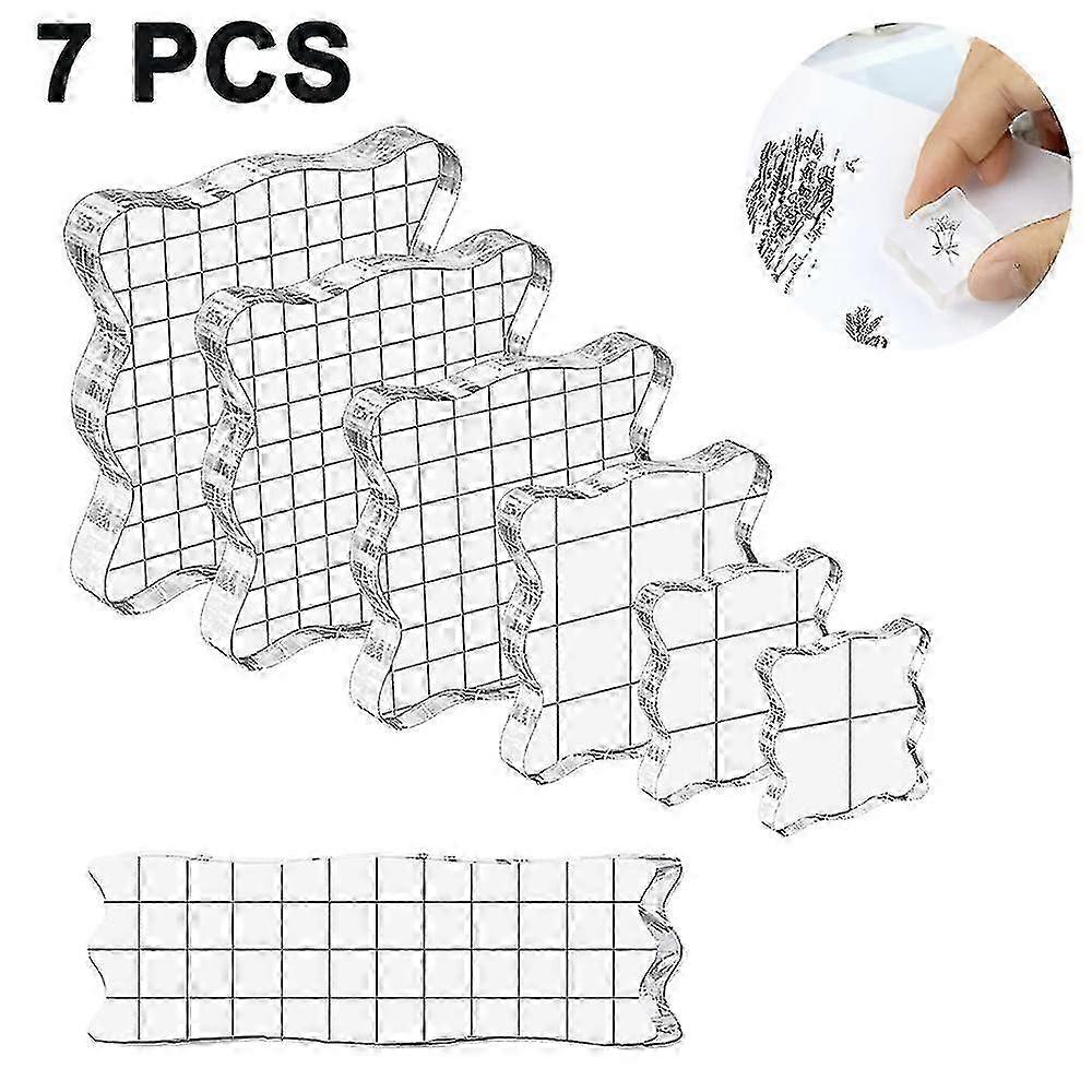 Set of 7 Clear Acrylic Stamp Mounting Blocks in Assorted Sizes with Grid Lines for Scrapbooking and Crafting Projects