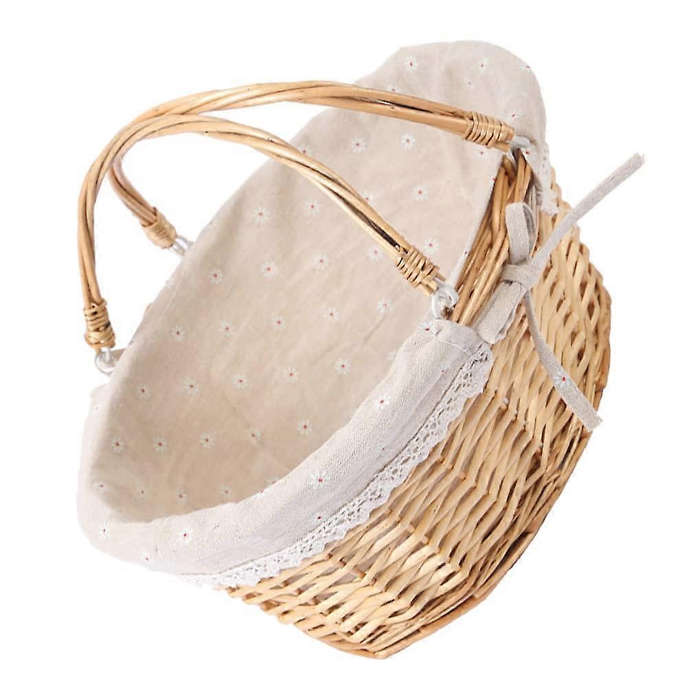 Natural Woven Basket with Handle - Linen Cotton Fabric, Wicker Bread Basket for Picnic, Storage, 37x27x17 cm