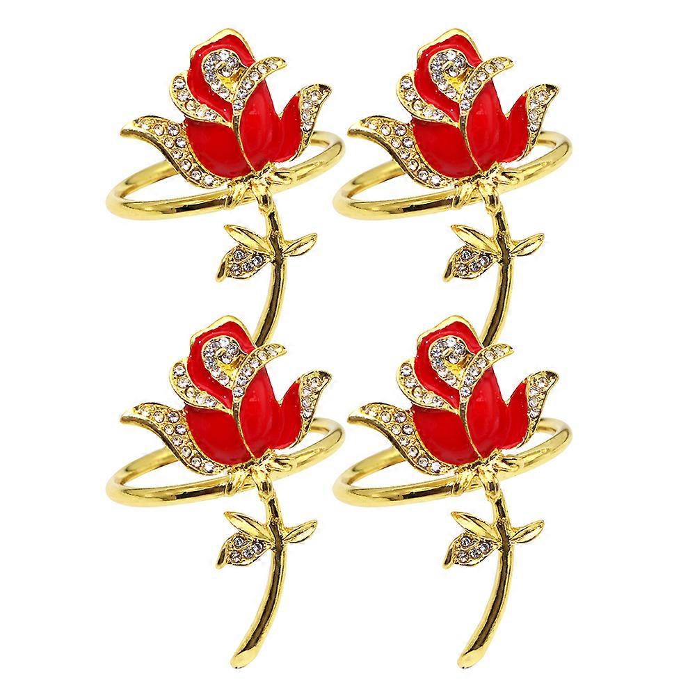 Napkin Ring Holder Rose Napkin Rings Set Hotel Banquet Red Alloy Secures Napkins 4Pcs