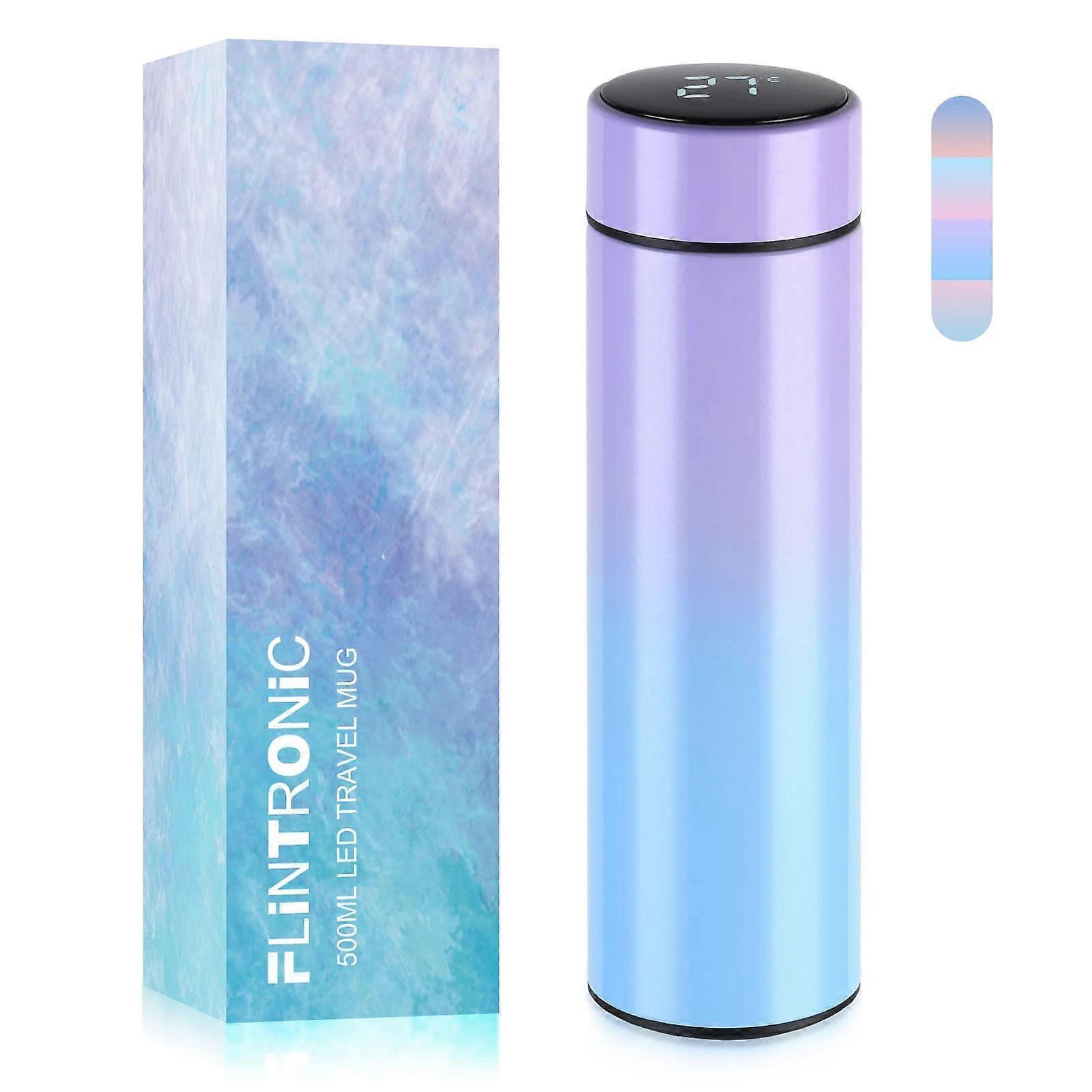 Thermos Flask 500ml Vacuum Insulated Water Bottle 304 Stainless Steel with LCD Touchscreen Temperature Display Gradient Purple