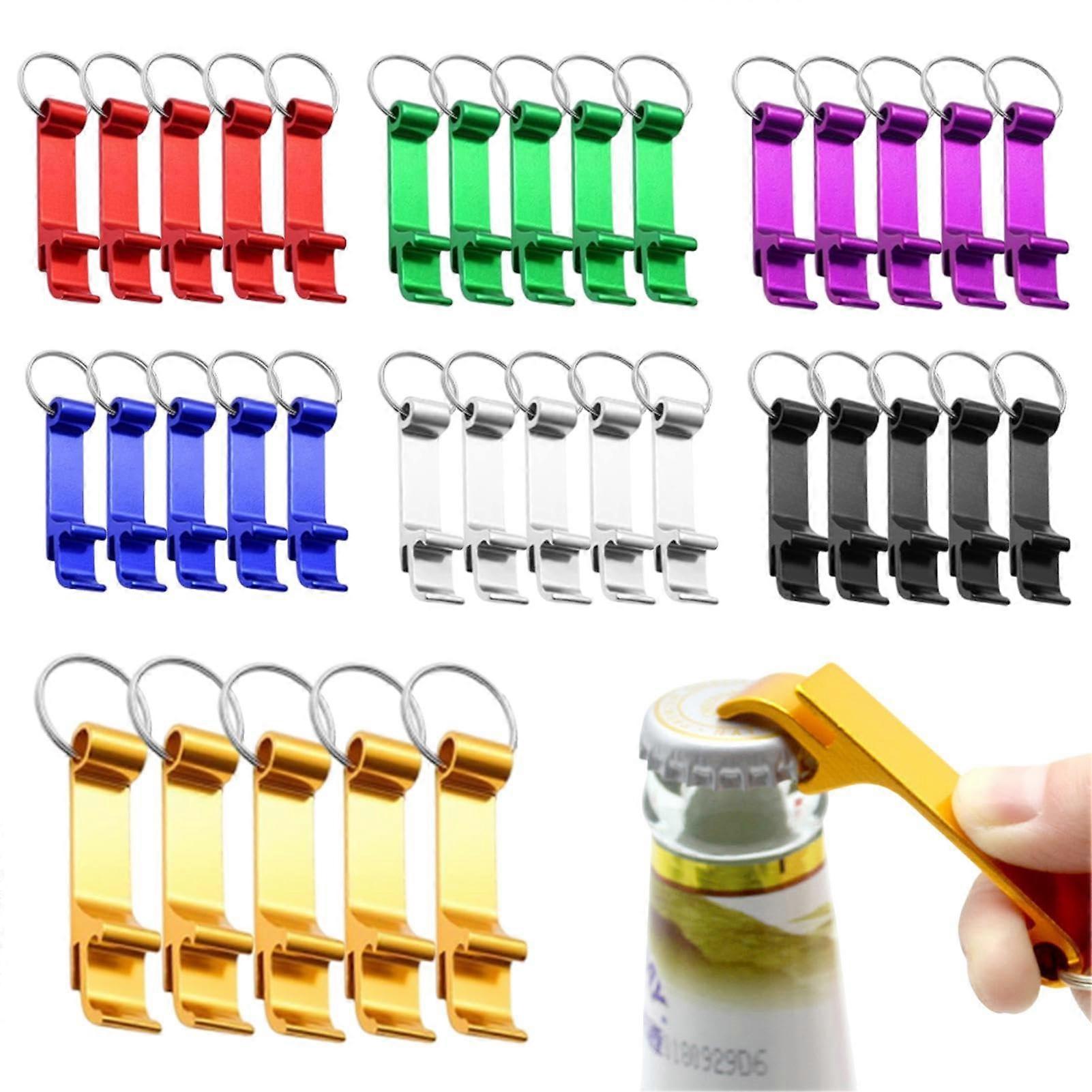 Bottle Opener Key Fob Aluminium Pack Of 35 With Metal Key Ring, Mini Pocket Size, 7 Colour Assortment For Beer And Drinks