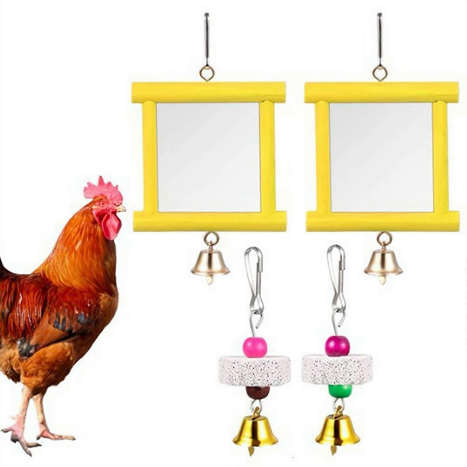 Hühnerspielzeug – 2 Hanging Bells with Swing and 2 Beak Grinding Stones for Chickens, Parrots, Outdoor Use, Yellow 2pcs