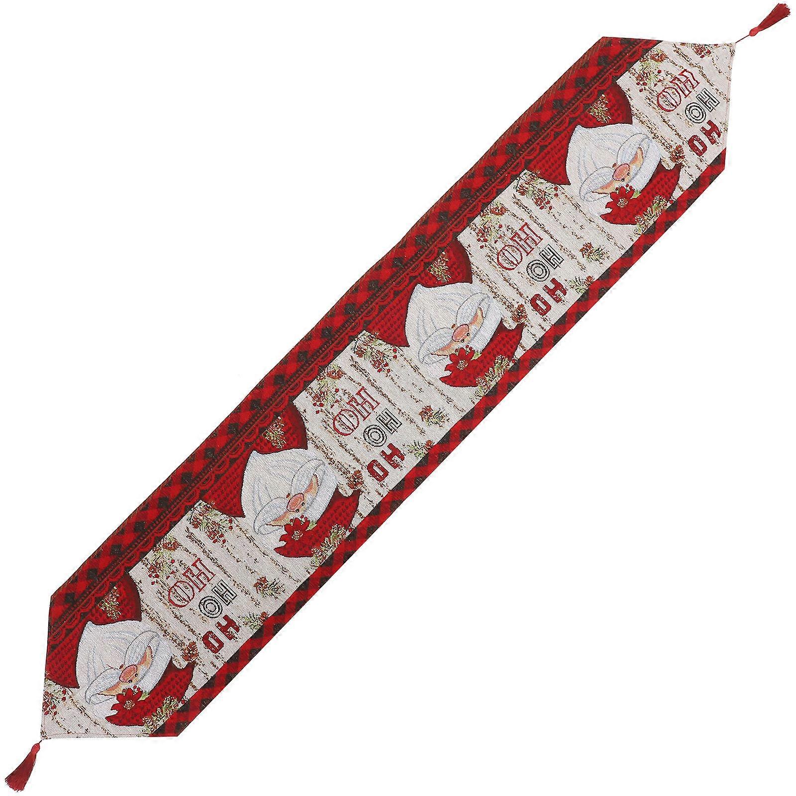 It sounds like you're describing a **Christmas table runner** with a **farmhouse style** design featuring **Santa Claus**, perfect for holiday dining