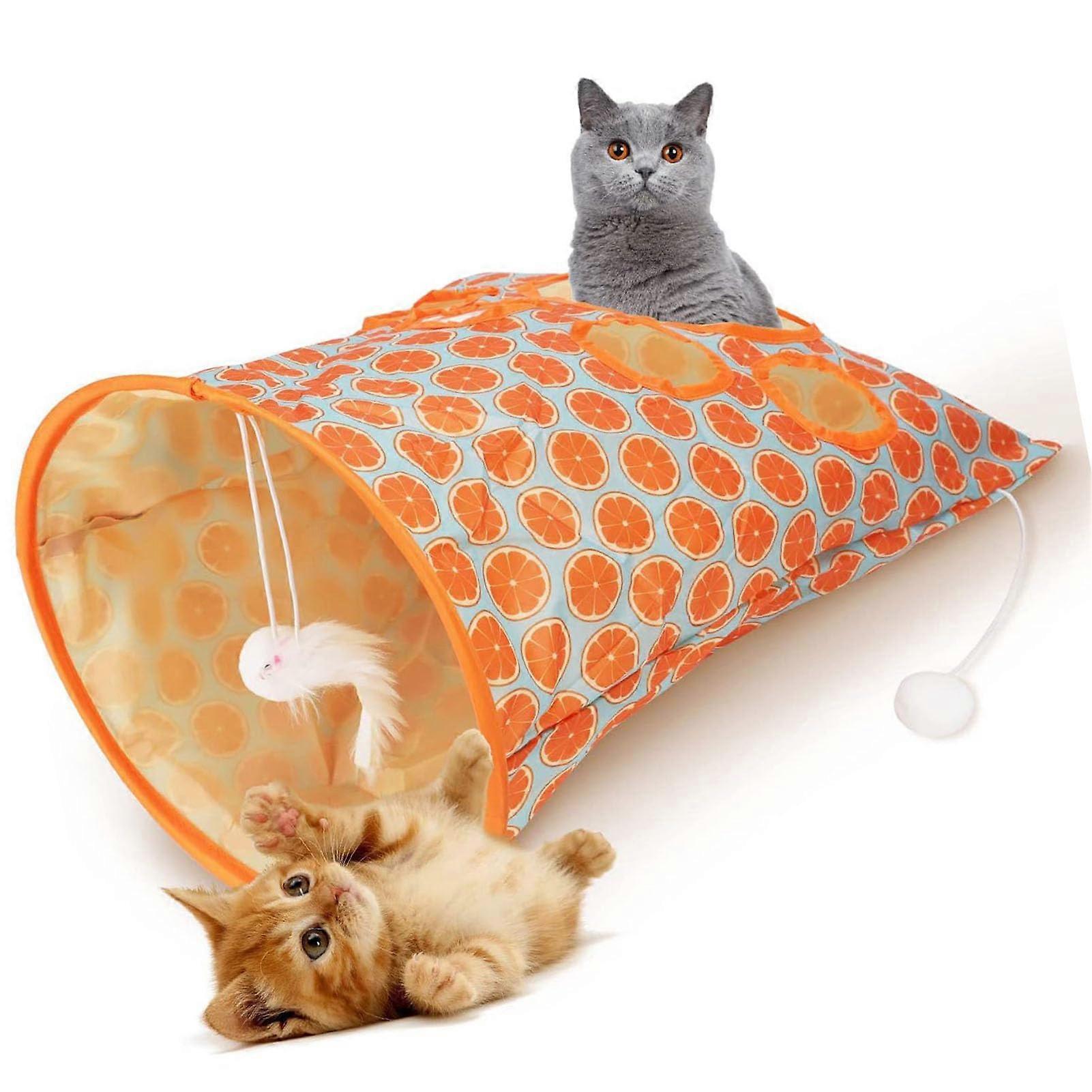 Cat Tunnel Bag, Safe to Use, 5 Holes, Crinkle Sounds, Interactive Cat Tunnel Paper Bag, Durable, with Plush Balls for Cats (Orange)