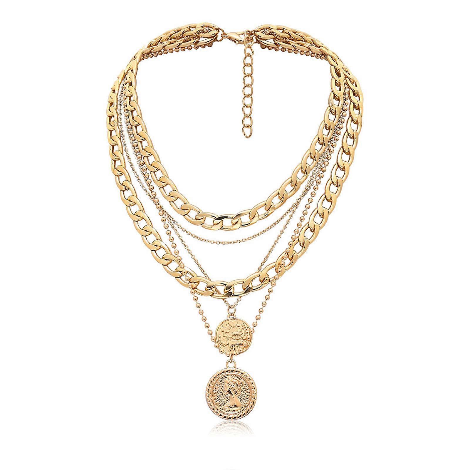 Punk Chunky Chain Necklace for Women - Exaggerated Layered Cuban Link with Thick Choker and Carved Coin Pendant in Gold