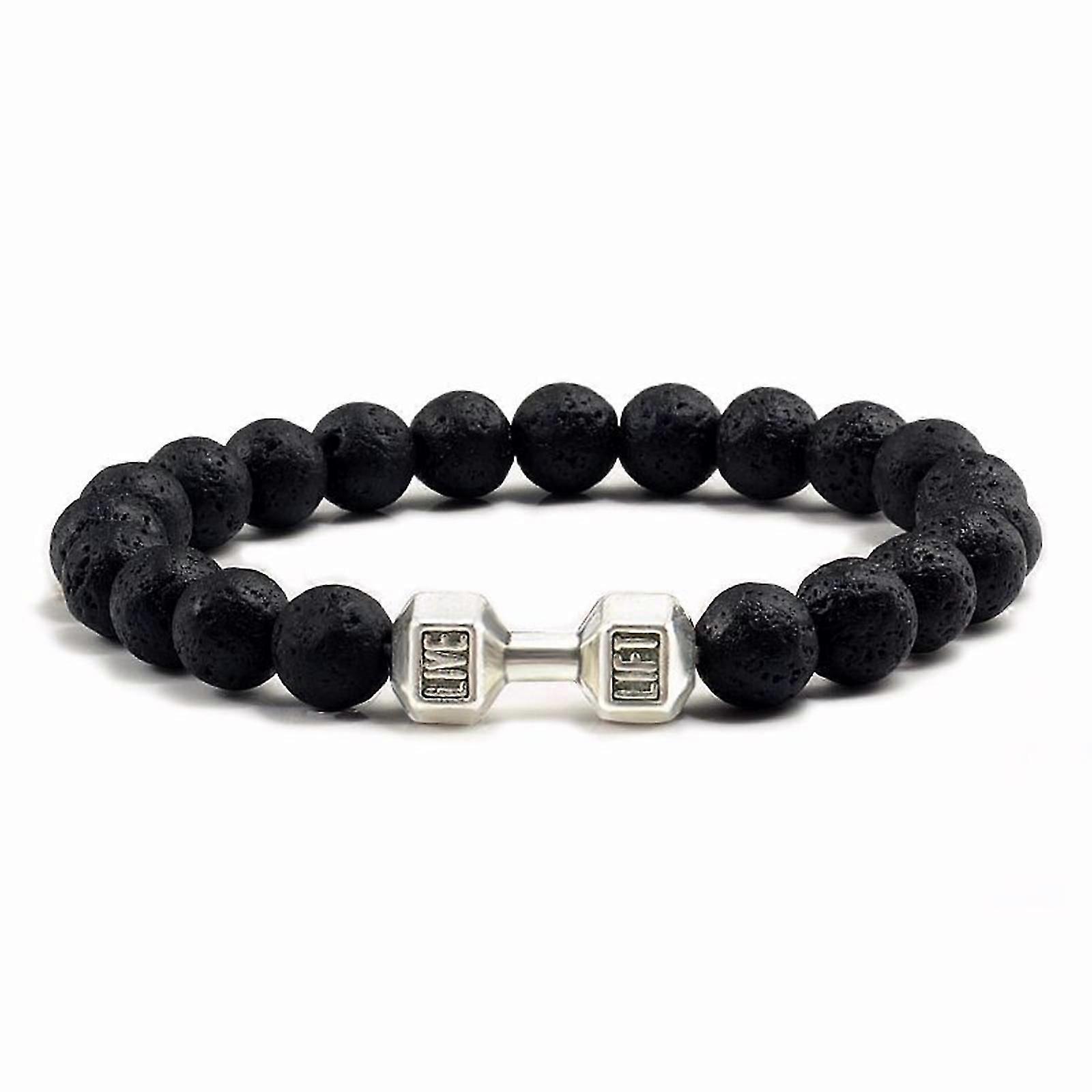 Natural Black Volcanic Lava Stone Dumbbell Bracelet Black Matte Beads Bracelets For Women Men Fitness Barbell Jewelry Pulseras